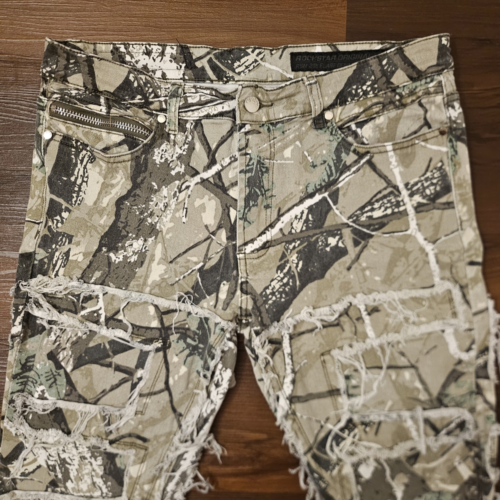 Rockstar Original 34x34 Slim Stretch RSM 205 Shake Tree Camo Stacked Flare Jeans